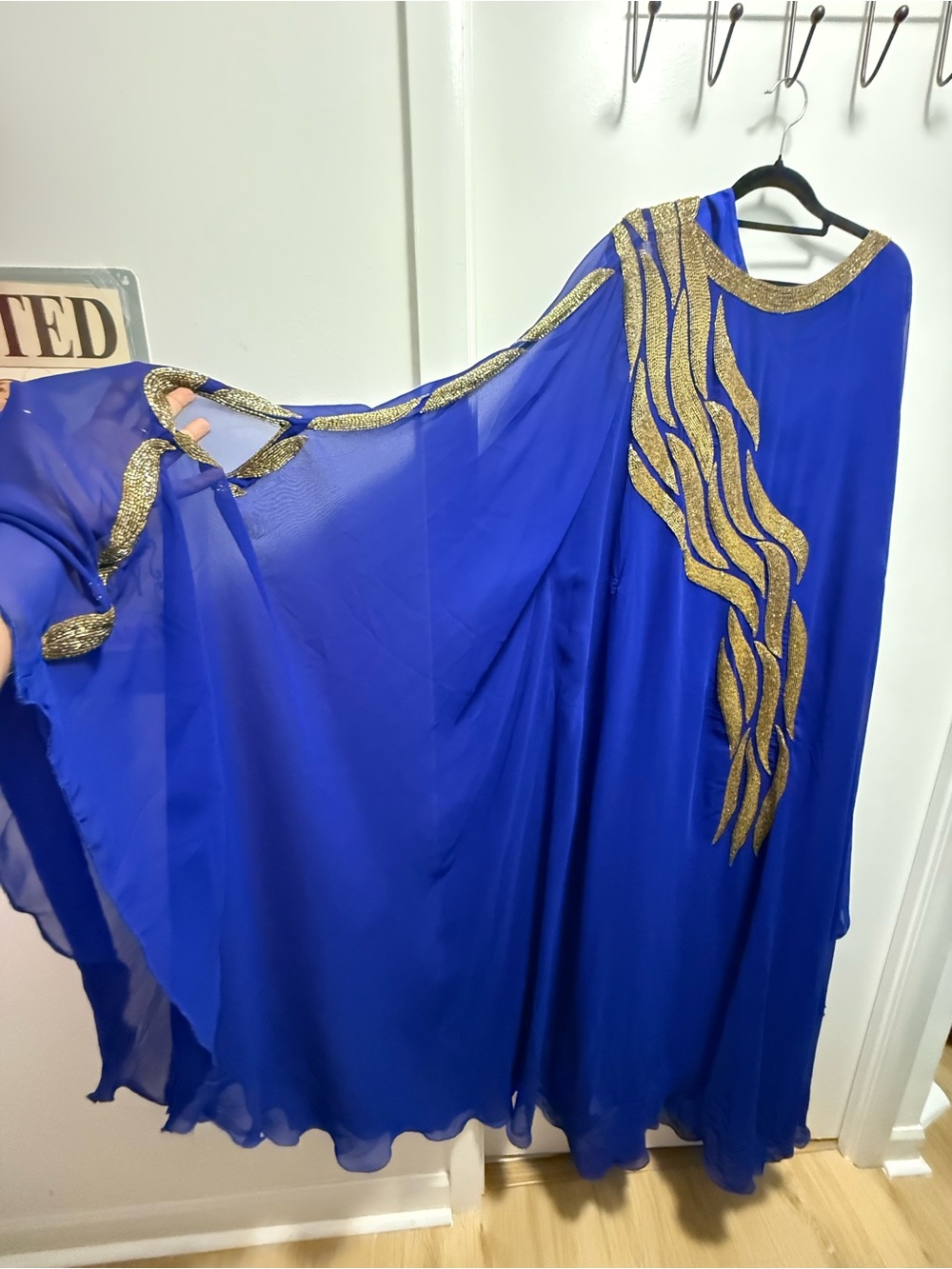 Royal Blue Evening Chiffon Kaftan Dress with Gold Beading